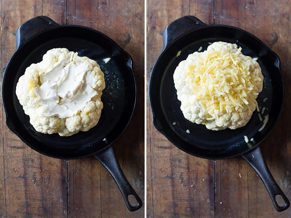 Left image: cauliflower head topped with créme fraîche in a pan. Right image: cauliflower head topped with shredded cheese in a pan. 