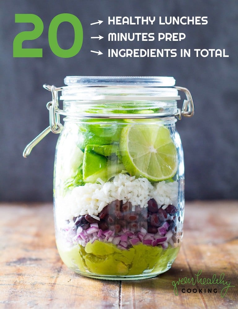 Book cover of TWENTY: 20 healthy lunch recipes, showing a jar with salad and text overlay.