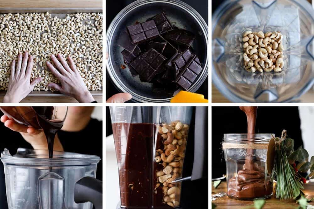 Photo collage of step-by-step process of how to make chocolate spread.