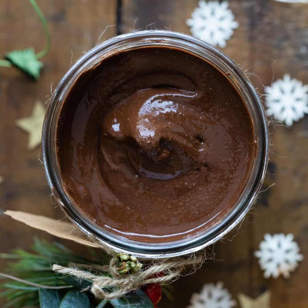 Closup top down image of texture of chocolate spread.