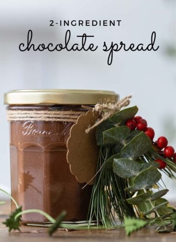 Chocolate Spread in a glass jar and decorated for Christmas.