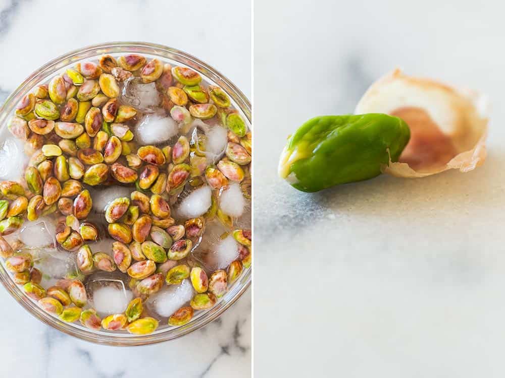 Left: bowl of raw pistachios with ice. Right: close up of a single pistachio kernel. 