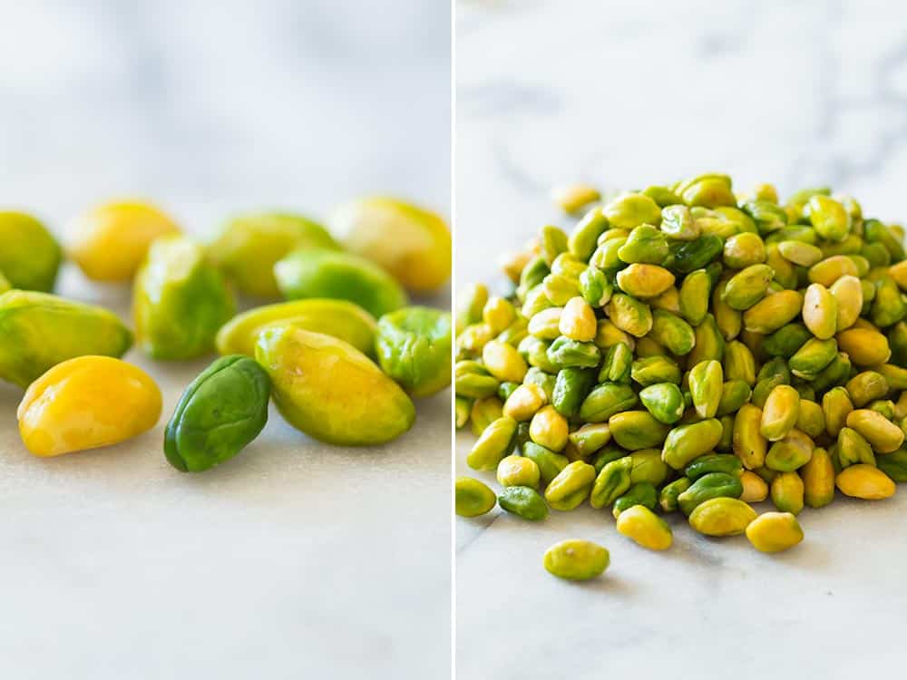 Left: close up of a few pistachio kernels. Right: a heap of raw pistachios. 