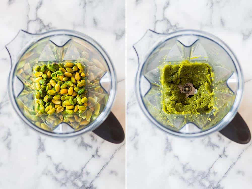 Left: top view of raw pistachio kernels in a blender. Right: top view of blender with pistachio paste. 