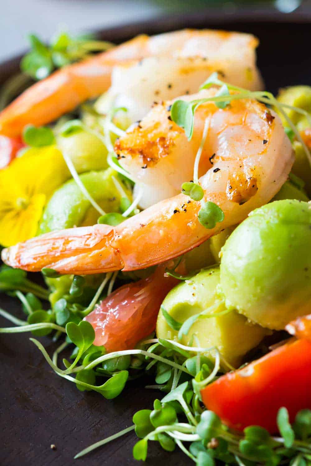 Texture of shrimp, avocado, tomato, arugula and grapefruit with cilantro dressing.