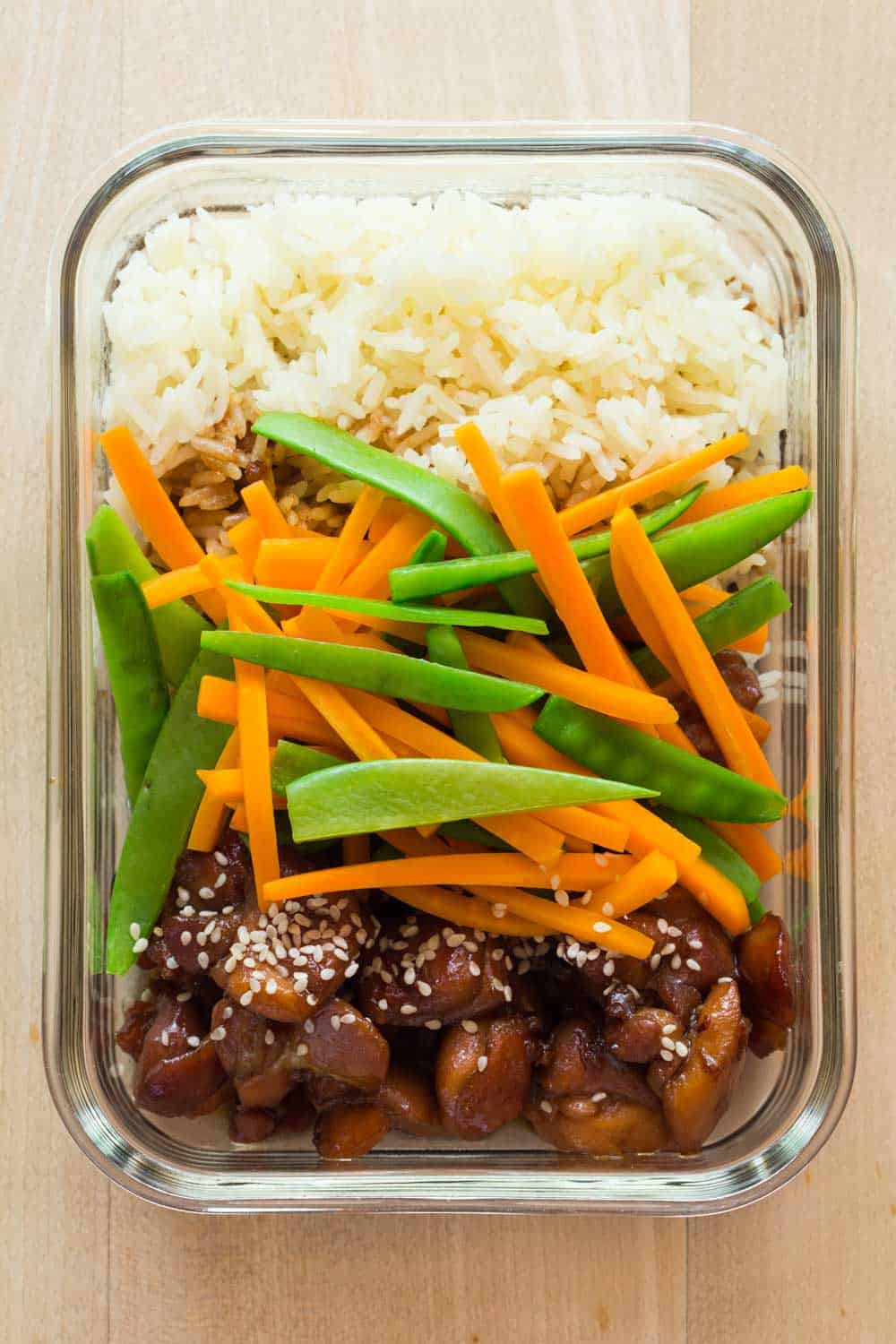 Meal prep bowl with vietnamese chicken, veggies and white rice