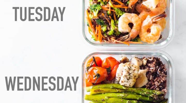 4 Glass Meal Prep Containers with different Recipes one next to the other and text overlay saying Monday, Tuesday, Wednesday, Thursday.