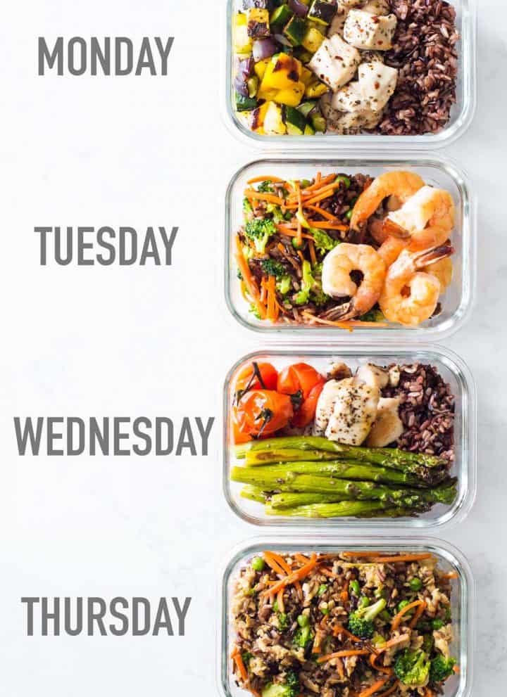 4 Glass Meal Prep Containers with different Recipes one next to the other and text overlay saying Monday, Tuesday, Wednesday, Thursday.