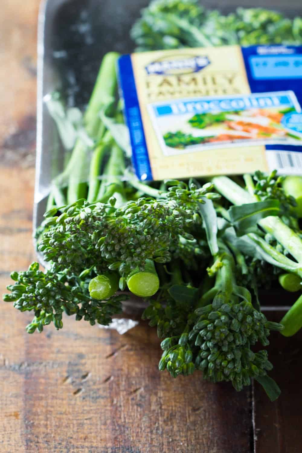 Close up of broccolini branches from an opened Mann's broccolini package
