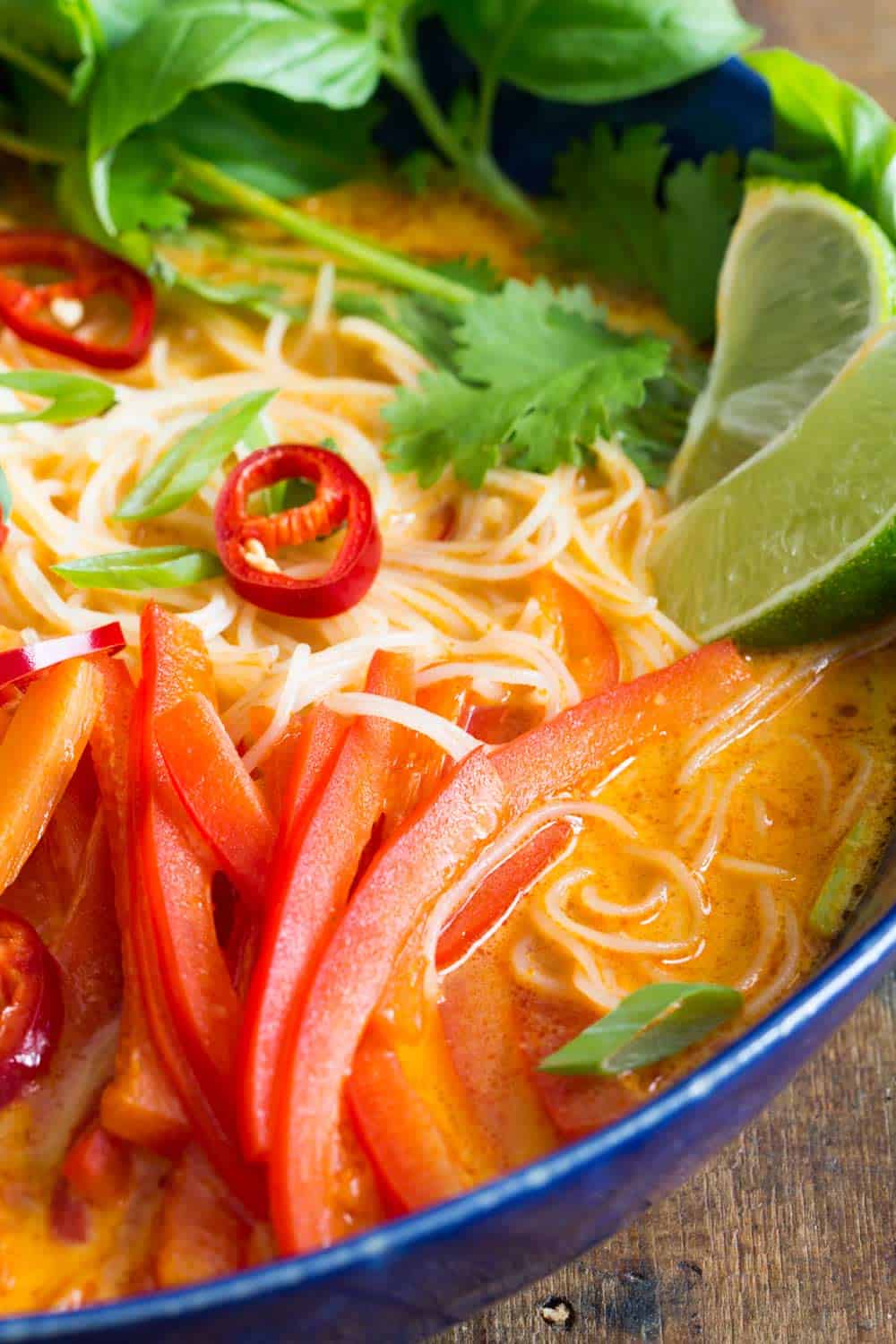 Close up of Coconut Curry Soup showing noodles, veggies and a slice of lime