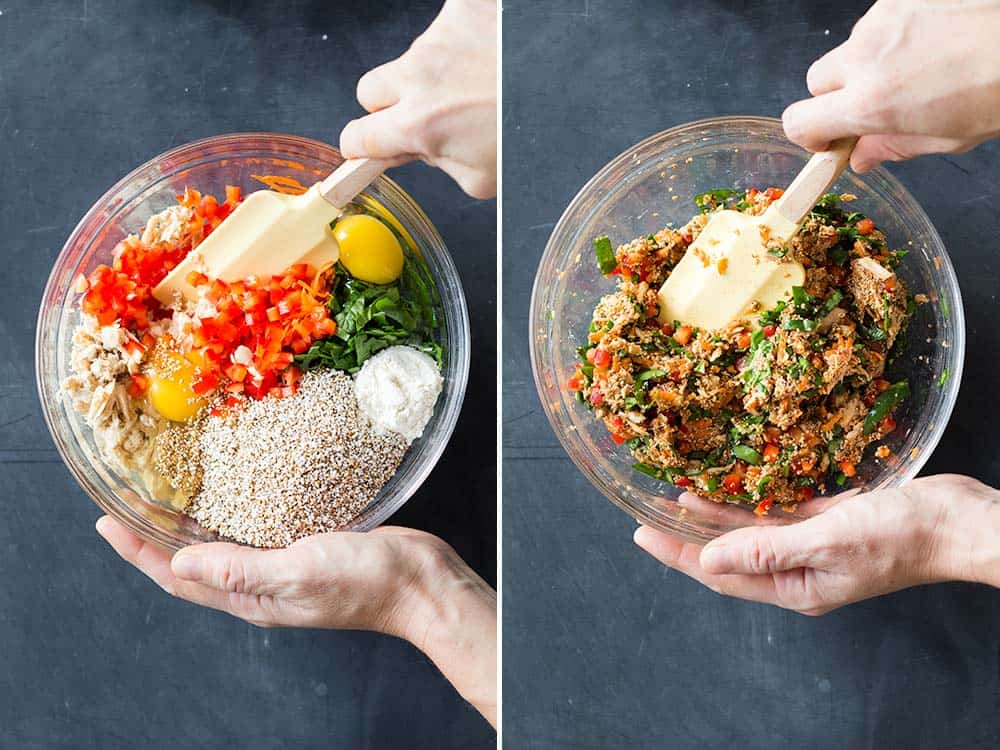 Ingredients for Healthy Tuna Patties being stirred together in a bowl and consistency of stirred ingredients.