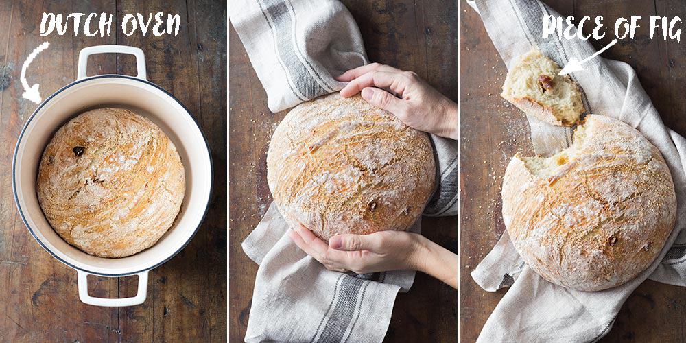 Result of Artisan Bread Baking. Artisan Bread in Dutch Oven. Artisan Bread Cooling Down. And a piece of Artisan Bread breaking apart.