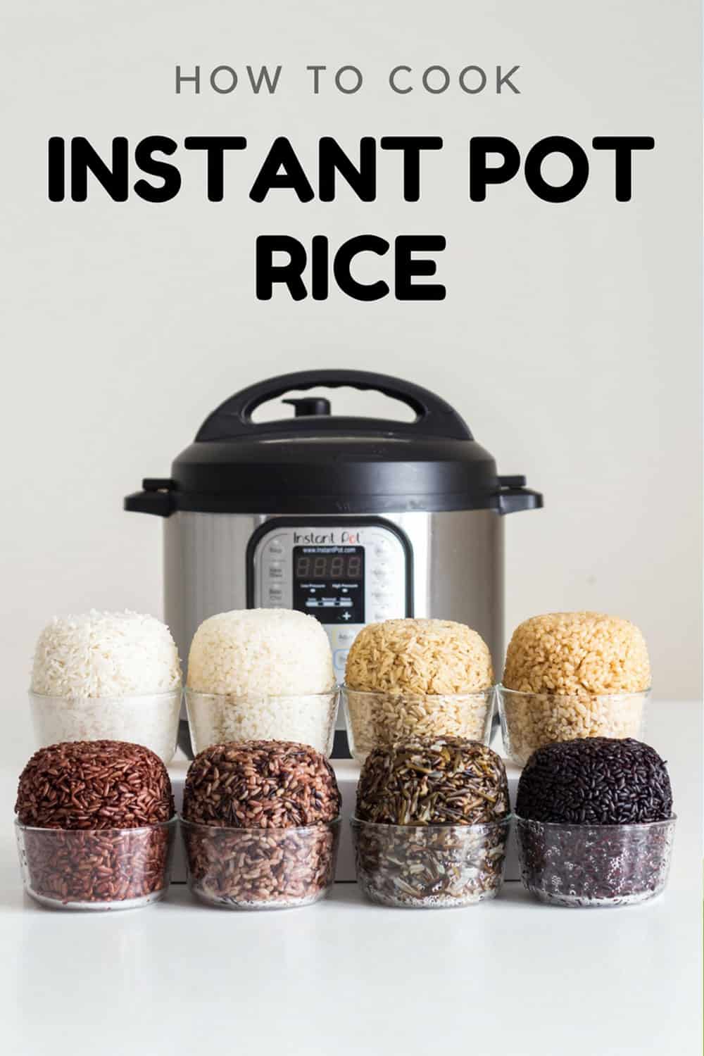 8 small bowls with different types of cooked rice placed in front of an Instant Pot