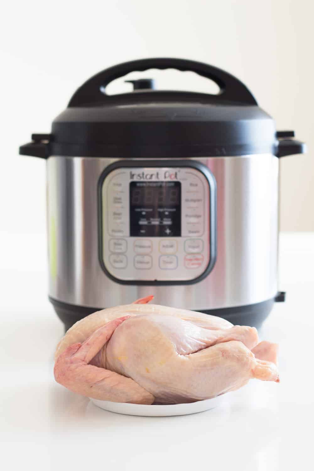 A whole chicken on a plate in front of an Instant Pot