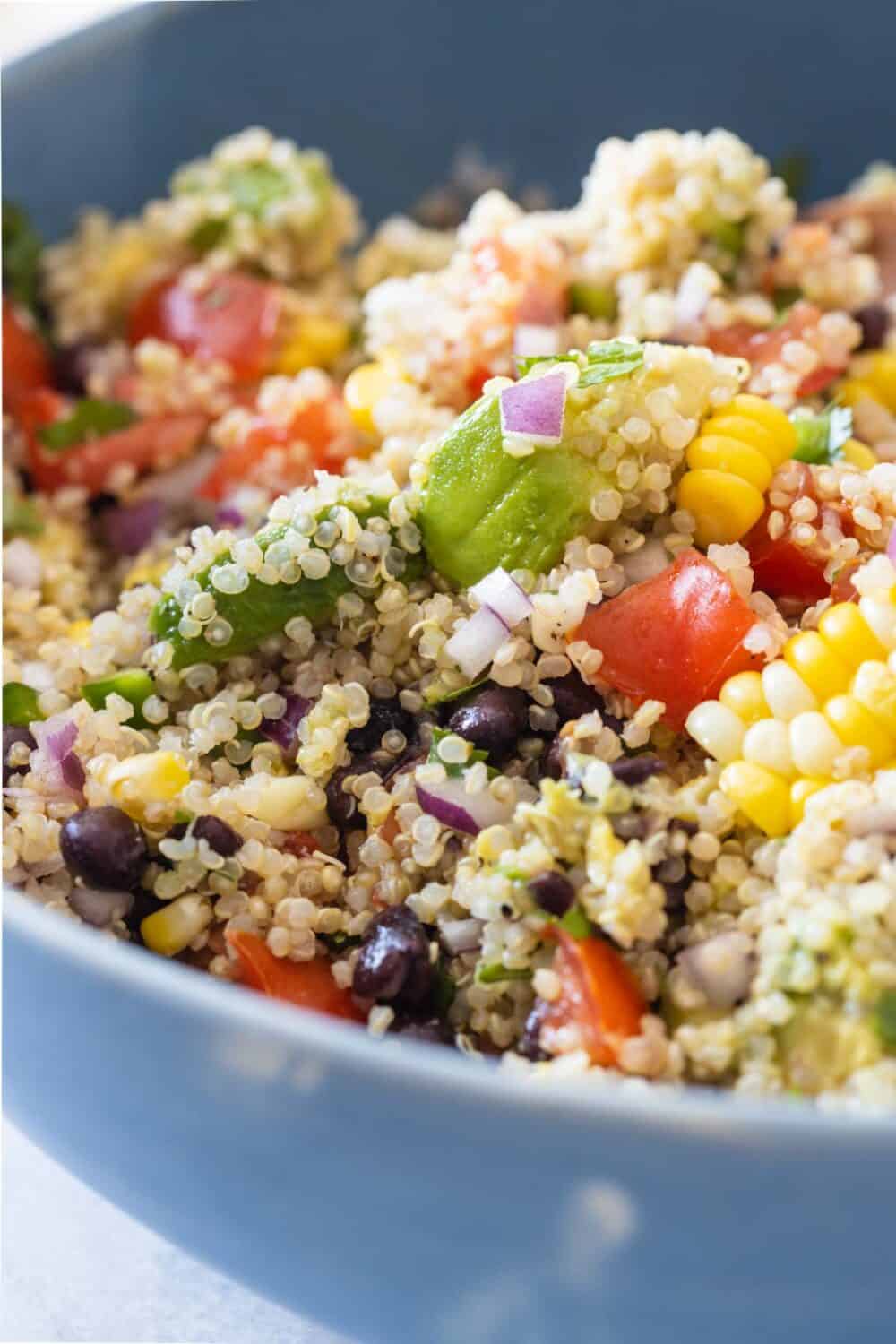 Showing texture of quinoa salad close up.