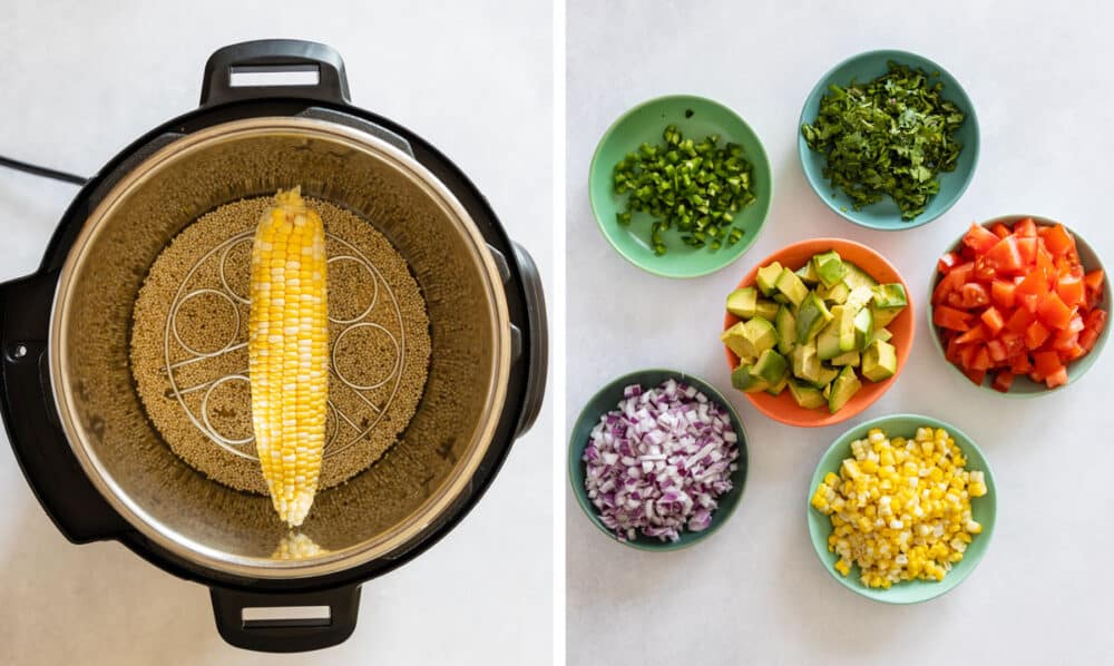 Photo collage of two images one with quinoa and corn in Instant Pot, the other chopped vegetables in bowls.