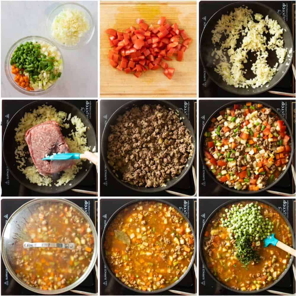 Photo collage of process of how to make Mexican picadillo step by step.