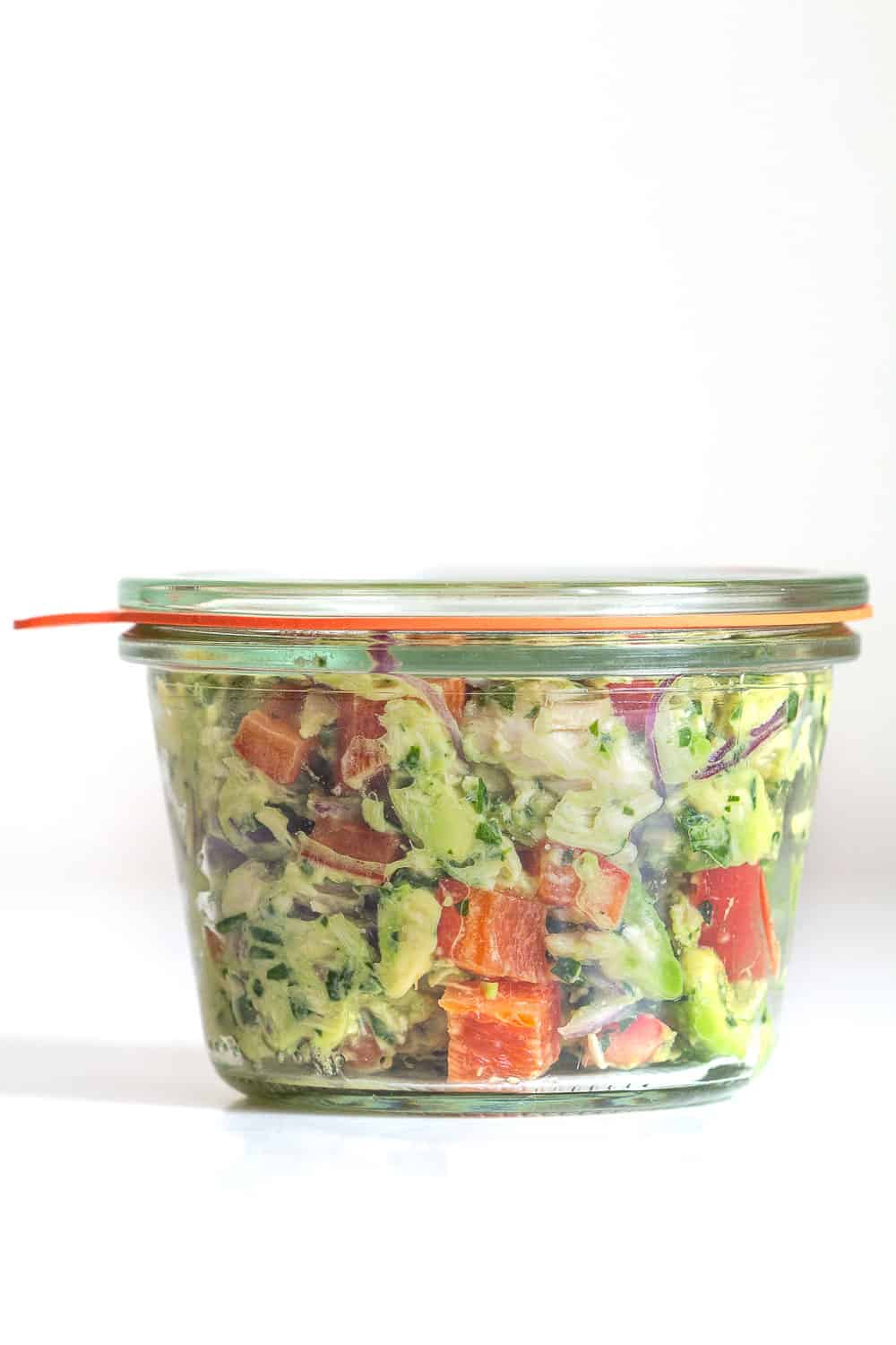 Avocado Tuna Salad in sealed glass jar for meal prep