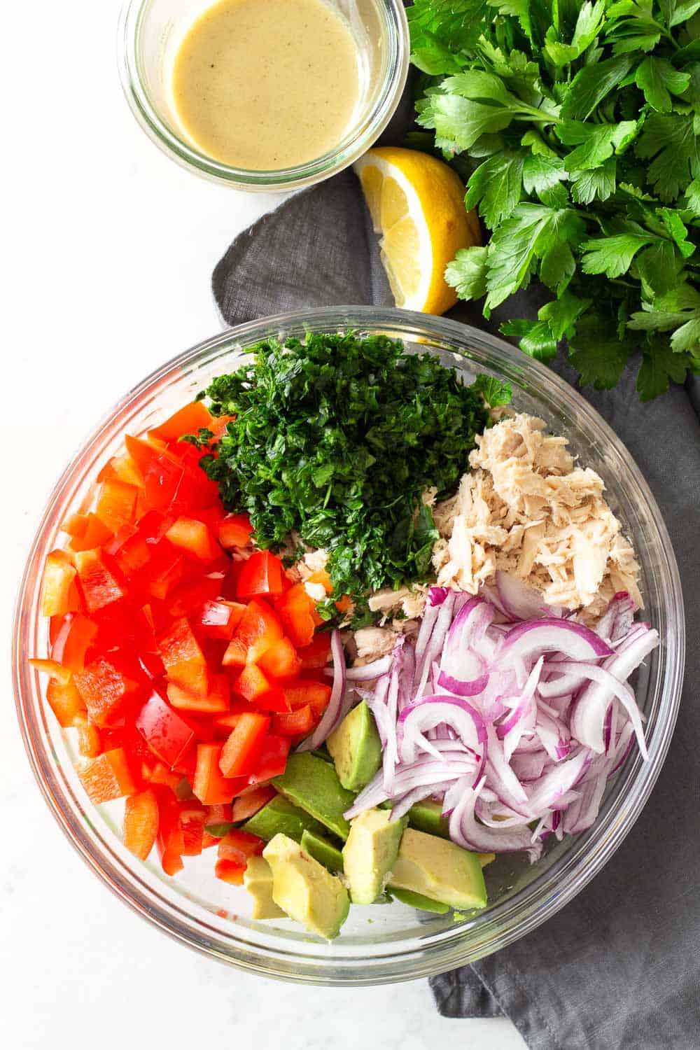 Avocado Tuna Salad in a glass bowl.