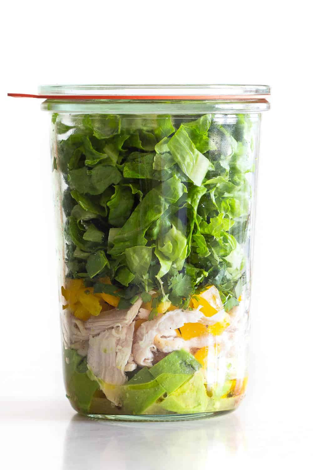 Meal Prep version of Avocado Chicken Salad layered in a glass jar