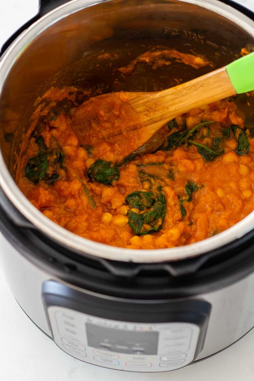 Easy Instant Pot Sweet Potato Curry with chickpeas and baby spinach in electric pressure cooker 