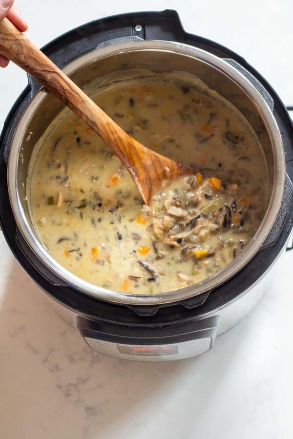 Cooked Pressure Cooker Chicken Wild Rice Soup.