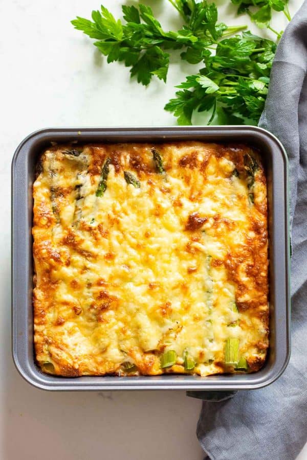 Keto Breakfast Casserole with melted cheese in a baking dish
