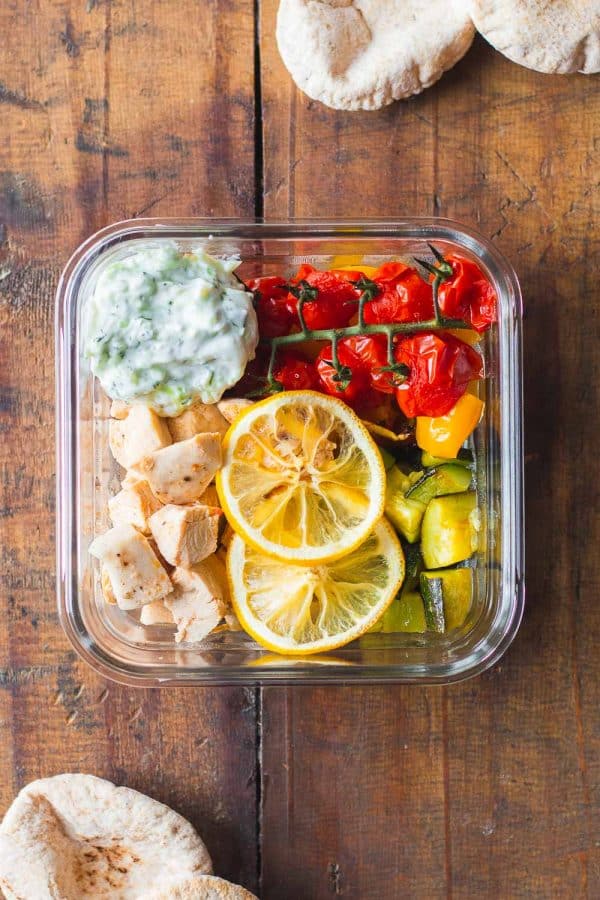 Square Meal Prep Bowl of Greek Chicken with Vegetables and Tzatziki