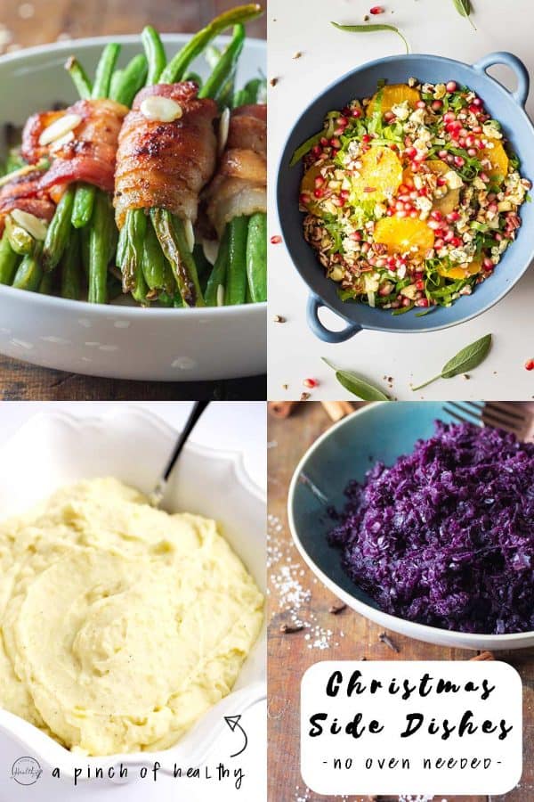 Bacon-Wrapped Green Beans, Winter Salad, Mashed Potatoes, Braised Red Cabbage