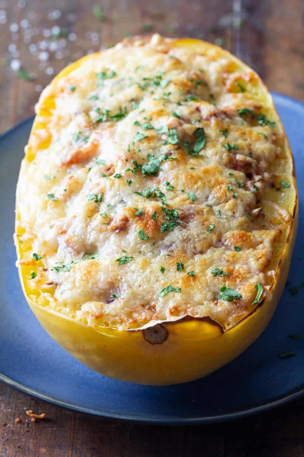 Stuffed Spaghetti Squash with melted cheese on top