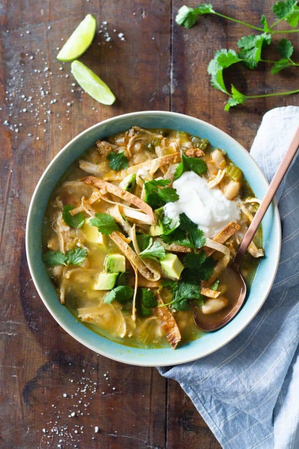 bowl of white chicken chili made in a crock pot