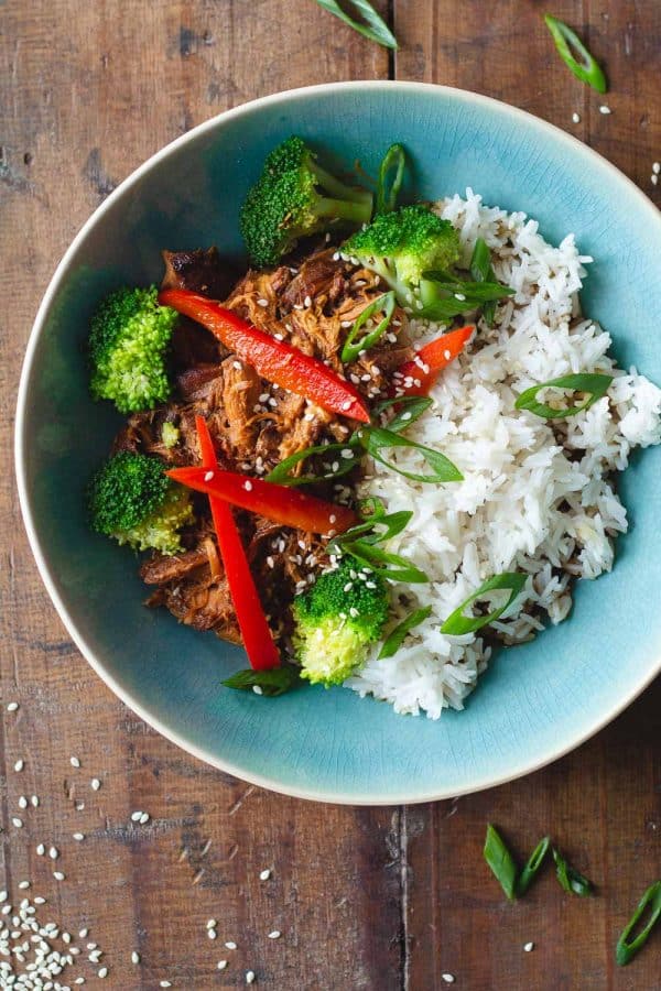 Crock Pot Teriyaki Chicken and white rice in a blue bowl