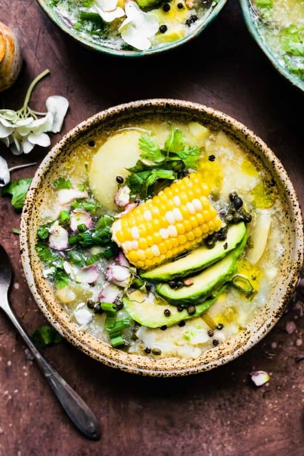 a bowl of nourishing and healthy Columbian chicken and potato soup