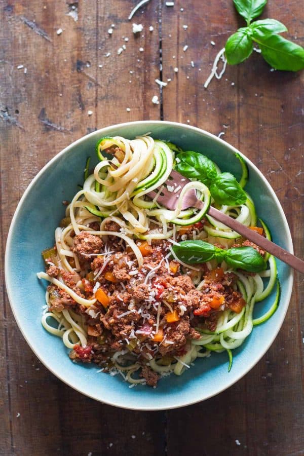 Slow Cooker Bolognese over linguini and zucchini noodles