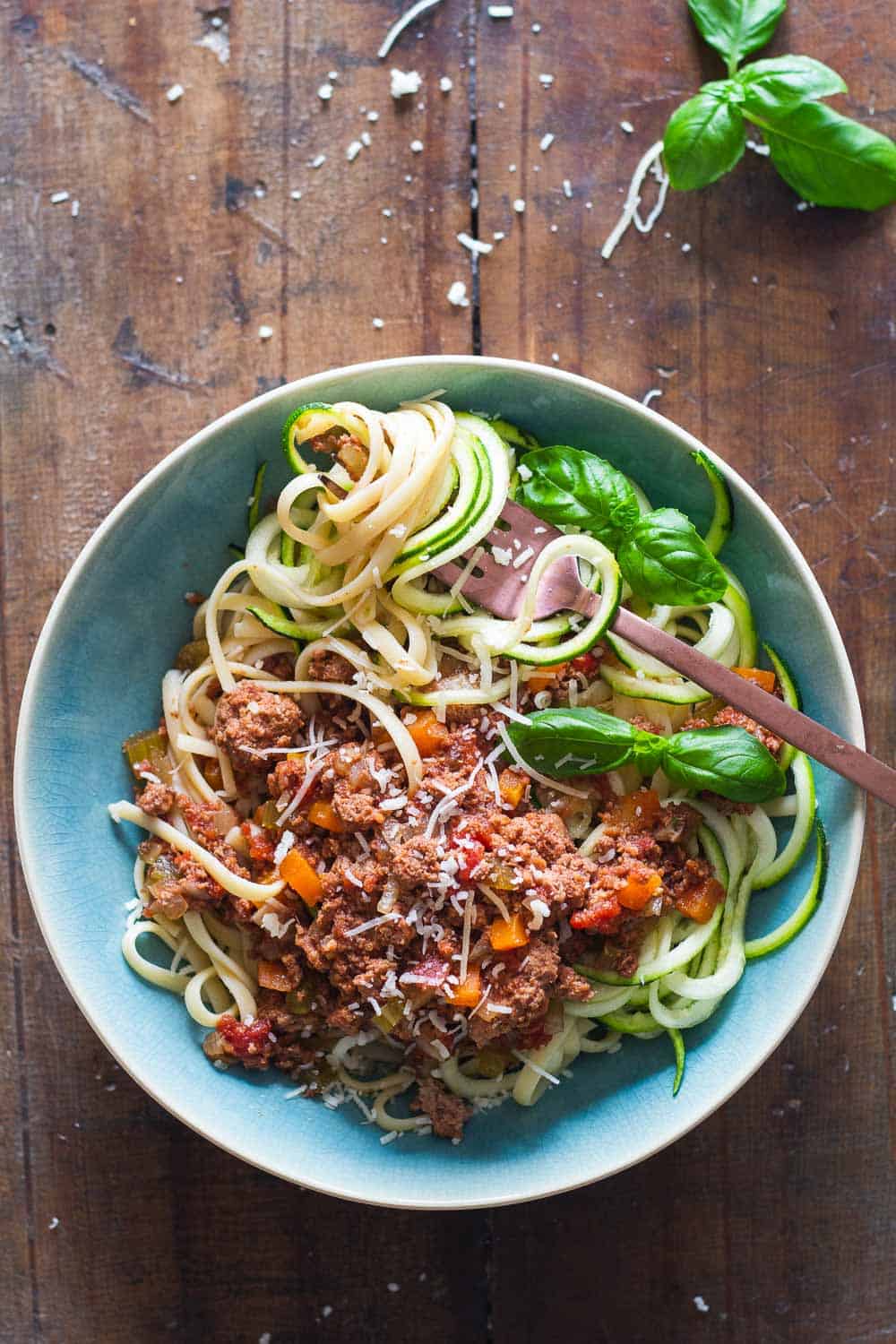 Slow Cooker Bolognese over linguini & zucchini noodles