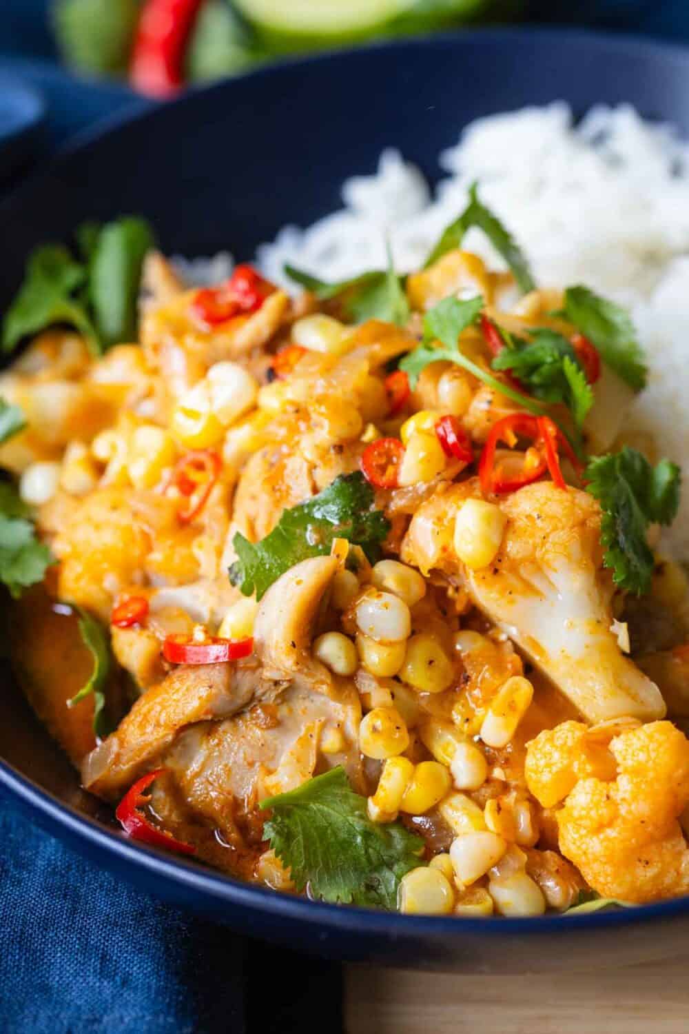 Closeup image showing texture of Thai Chicken Cauliflower Curry.