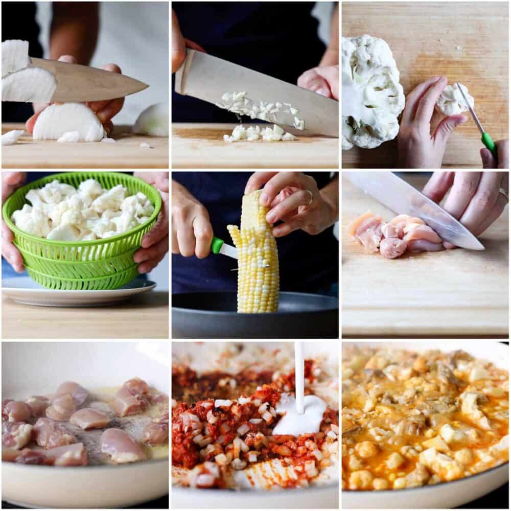 Photo collage showing the process of how to make Chicken Cauliflower Curry.