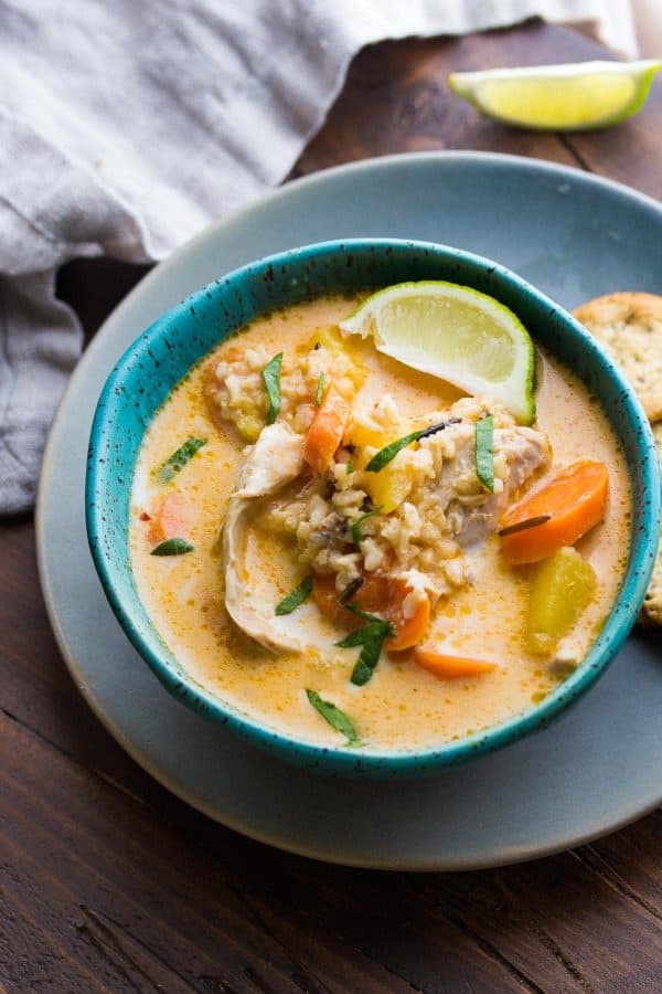 bowl of chicken and wild rice soup, made in a slow cooker