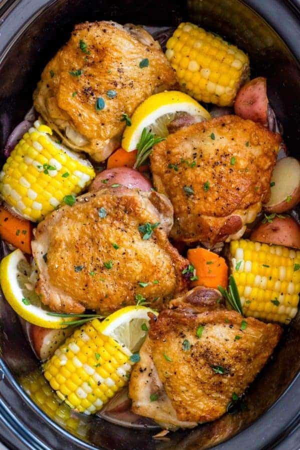 Slow Cooker Chicken Thighs and vegetables in a slow cooker