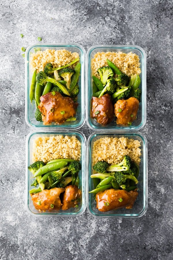 meal prep containers with sticky honey garlic chicken thighs dinner