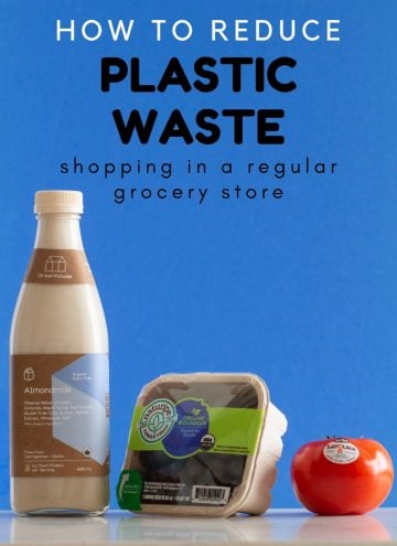 Glass Bottle with Almond Milk, Cardboard Box with Blueberries, Tomato with Sticker