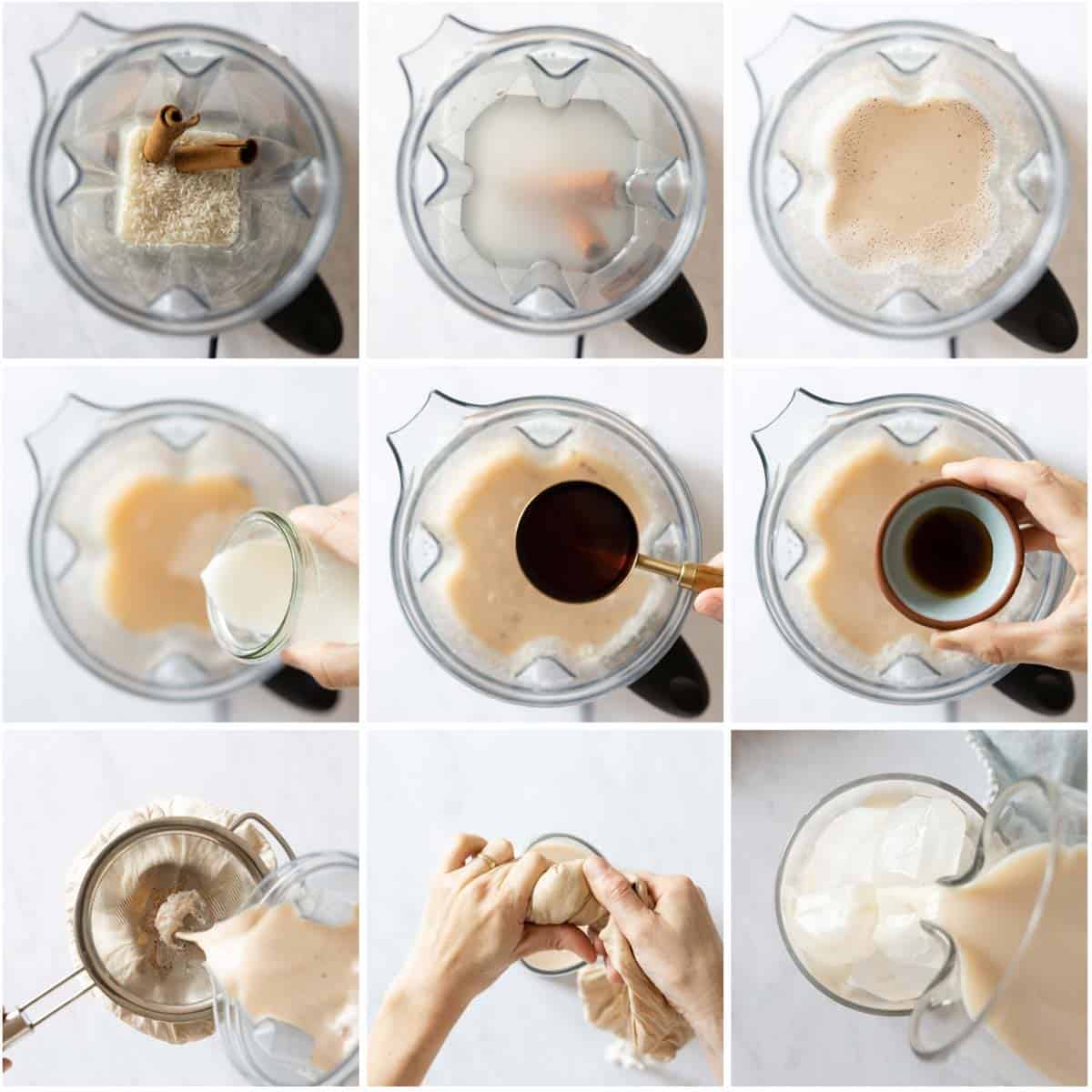 Photo collate of step-by-step instructions to make agua de horchata in a blender.