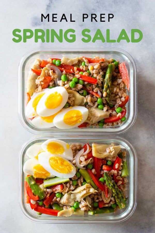 titled image (and shown): Meal Prep Spring Salad (shown in 2 glass meal prep containers)
