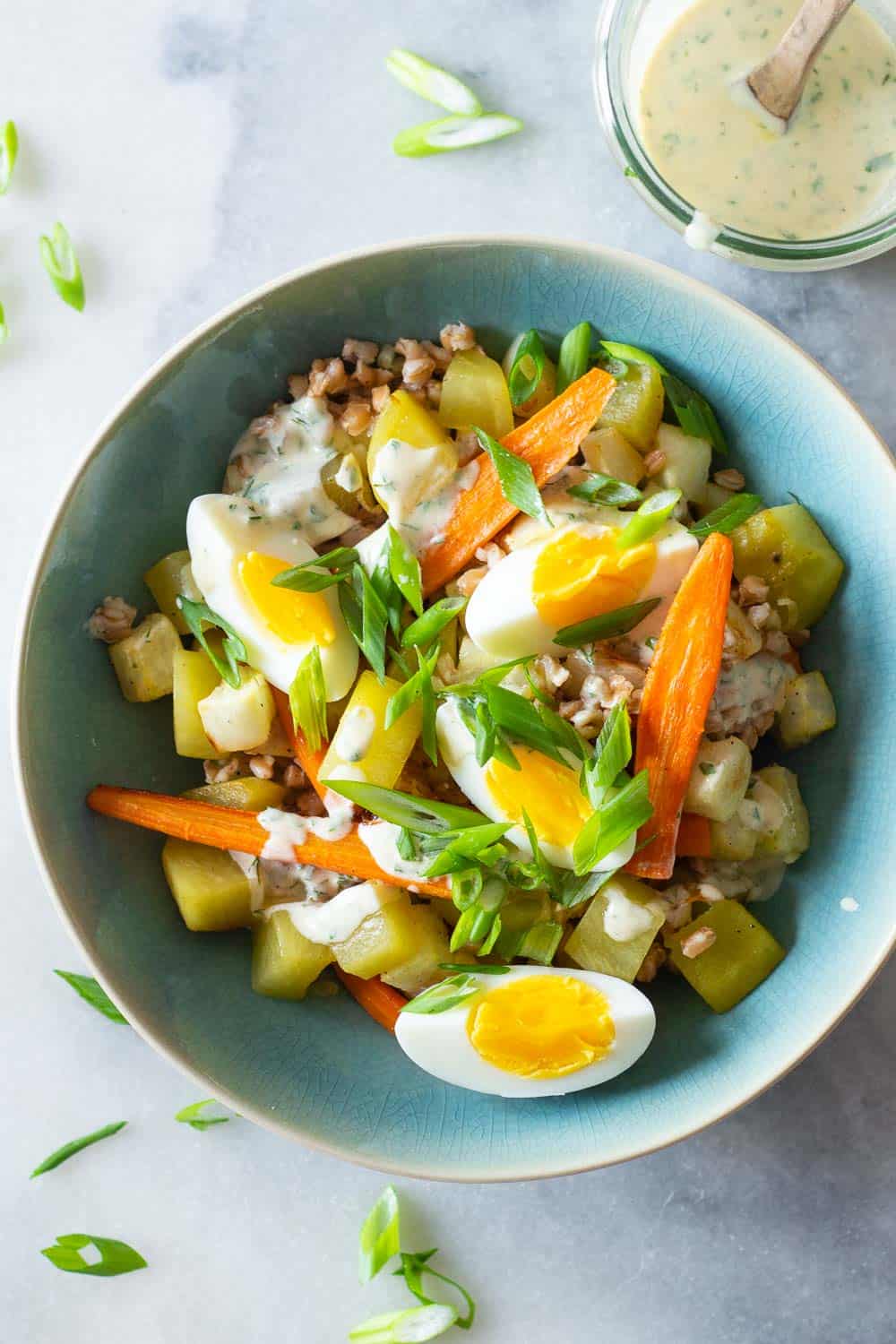 Warm Farro Salad in a bowl