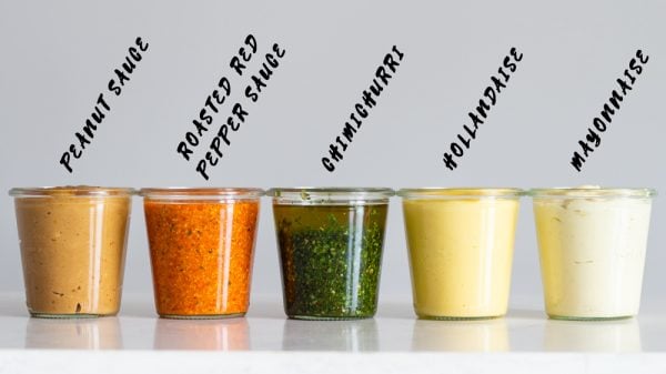 5 Keto Sauces in a jar, peanut sauce, roasted red pepper sauce, chimichurri, hollandaise, mayonnaise