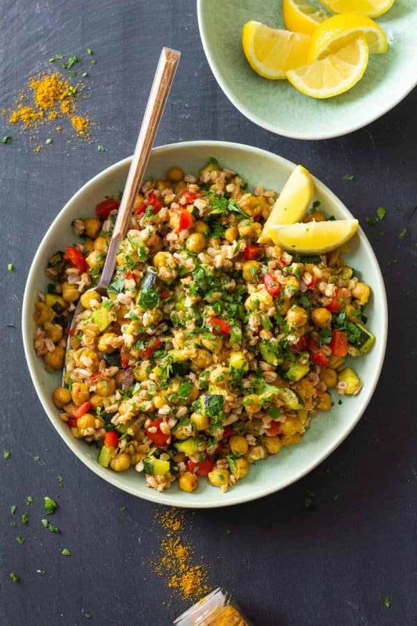 overhead image of a healthy vegetarian chickpea salad