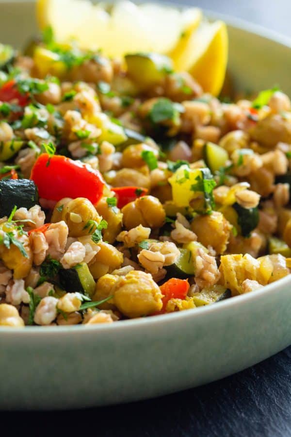 Roasted Chickpea Salad in a green bowl