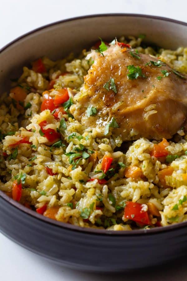 chicken and rice dinner in serving bowl