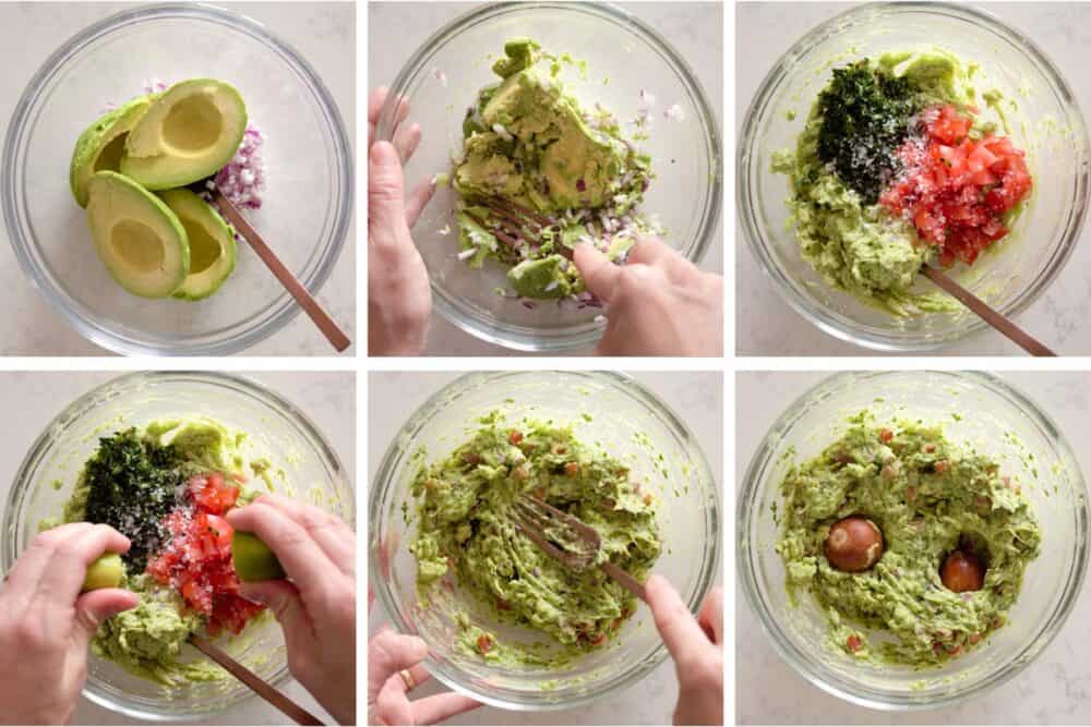 Photo collage of guacamole making step-by-step process.