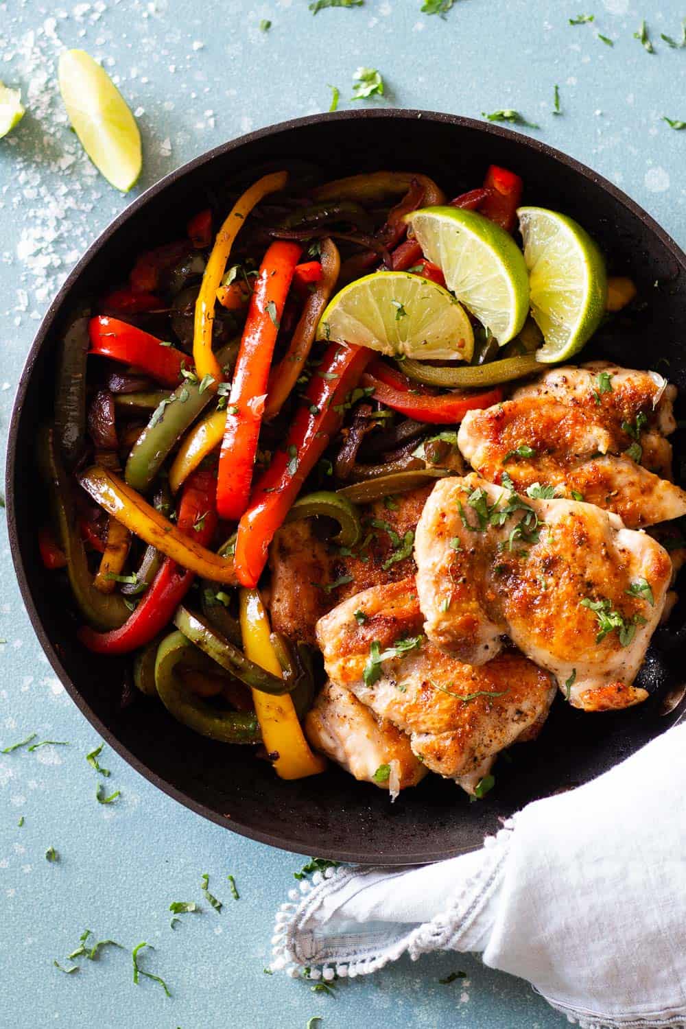 Chicken Fajitas in a cast iron skillet